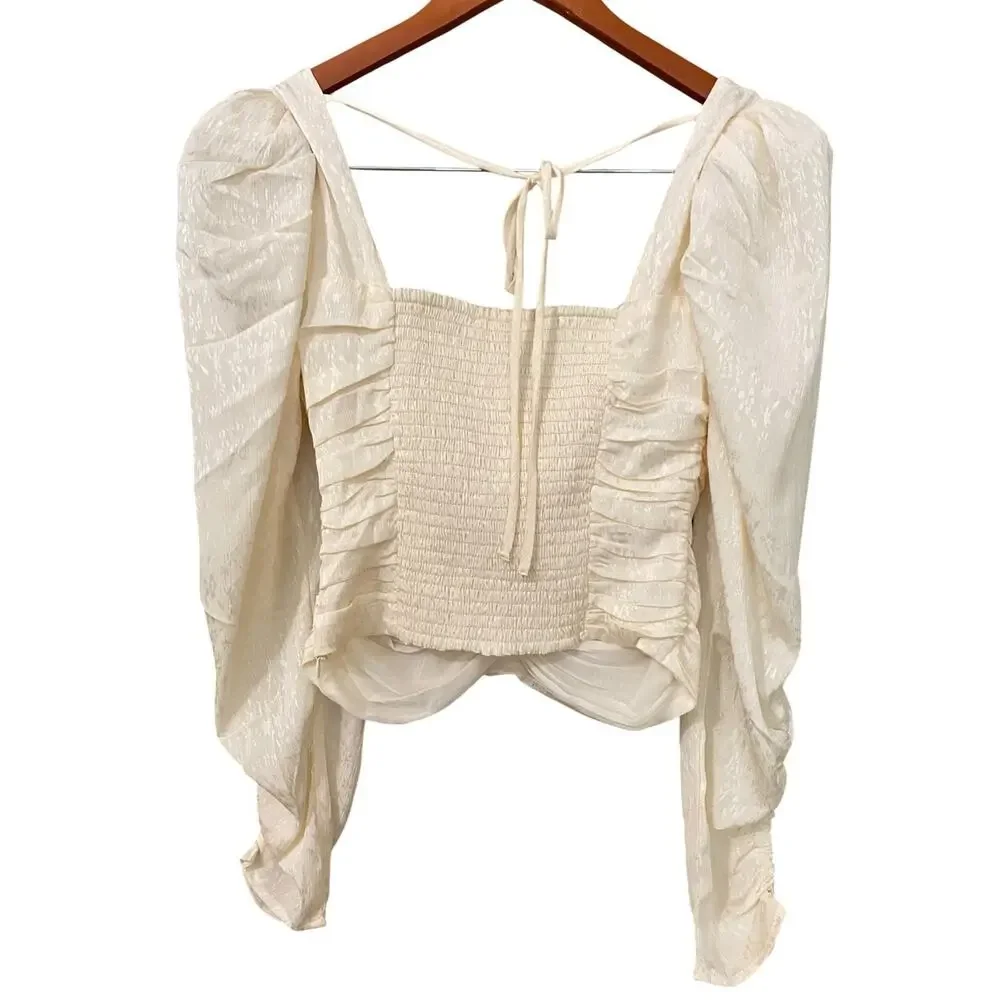 ASTR Ruched Cropped Blouse Small Cream Smocked Party Romantic Coquette Bridal
